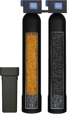 Dual tank well water treatment system with brine tank