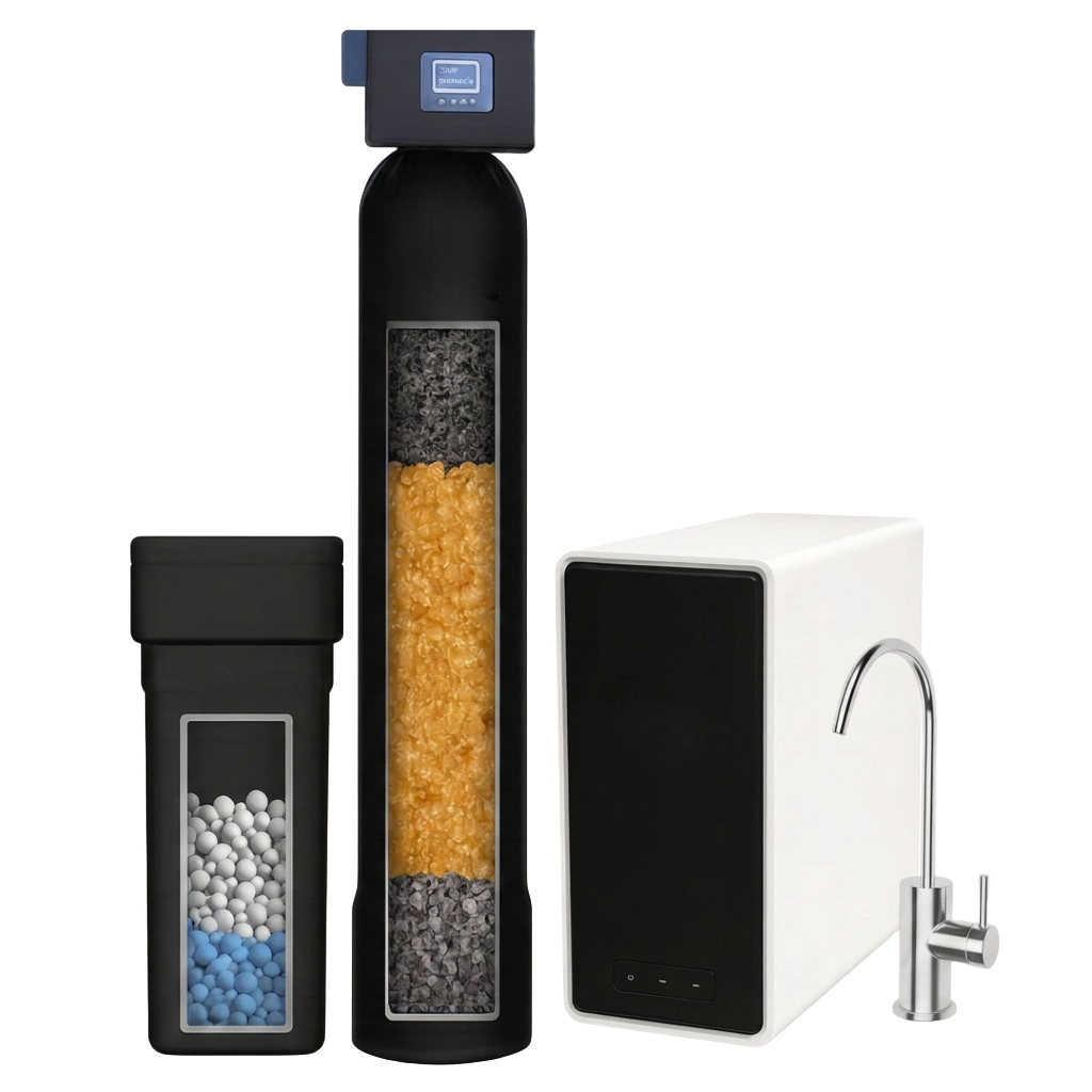 Forge softening, filtration, and reverse osmosis full home system